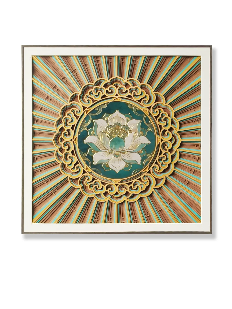 沐铜参考作品:中央莲花图案与多层放射纹样装框画面